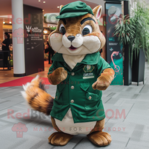 Forest Green Chipmunk mascot costume character dressed with a Windbreaker and Shawl pins