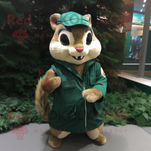 Forest Green Chipmunk mascot costume character dressed with a Windbreaker and Shawl pins