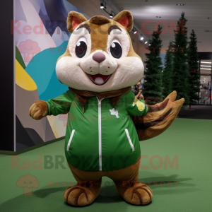 Forest Green Chipmunk mascot costume character dressed with a Windbreaker and Shawl pins