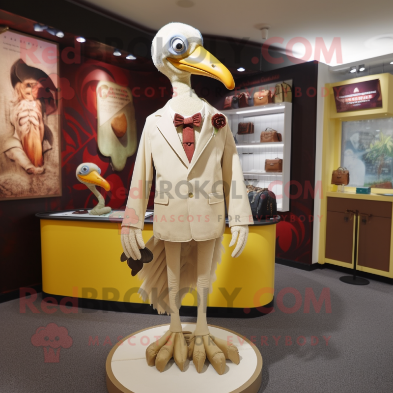 Cream Dodo Bird mascot costume character dressed with a Blazer and Clutch bags Cream Dodo Bird mascot costume character dressed with a Blazer and Clutch bags