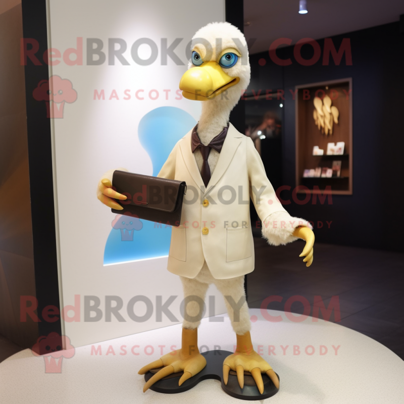 Cream Dodo Bird mascot costume character dressed with a Blazer and Clutch bags Cream Dodo Bird mascot costume character dressed with a Blazer and Clutch bags