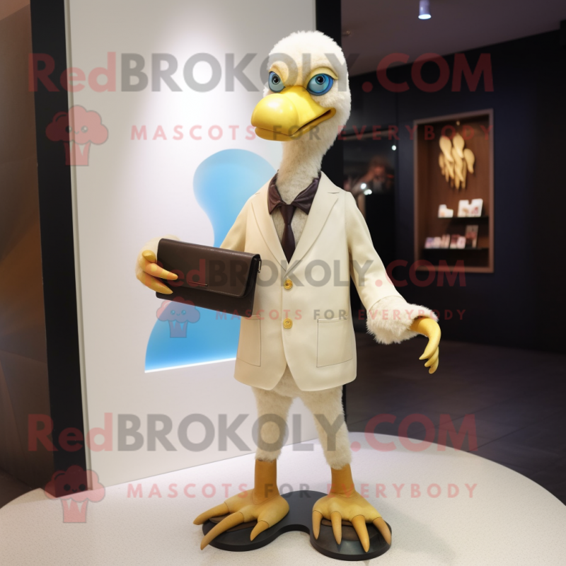 Cream Dodo Bird mascot costume character dressed with a Blazer and Clutch bags