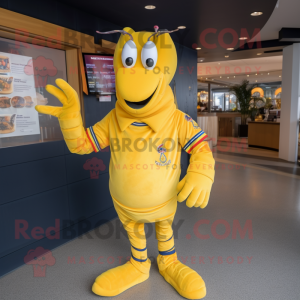 Yellow Lobster Bisque mascot costume character dressed with a Polo Shirt and Wraps
