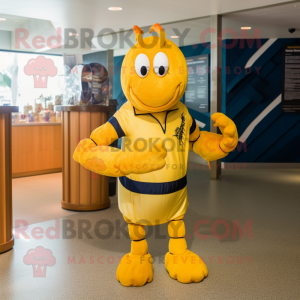 Yellow Lobster Bisque mascot costume character dressed with a Polo Shirt and Wraps