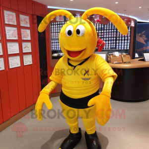 Yellow Lobster Bisque mascot costume character dressed with a Polo Shirt and Wraps