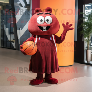 Maroon Basketball Ball mascot costume character dressed with a Maxi Skirt and Mittens
