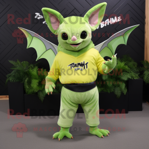 Lime Green Fruit Bat mascot costume character dressed with a T-Shirt and Cummerbunds