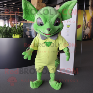 Lime Green Fruit Bat mascot costume character dressed with a T-Shirt and Cummerbunds