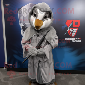Gray Sniper mascot costume character dressed with a Windbreaker and Shawl pins