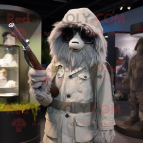 Gray Sniper mascot costume character dressed with a Windbreaker and Shawl pins