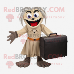 Tan Vampire mascot costume character dressed with a Pleated Skirt and Briefcases