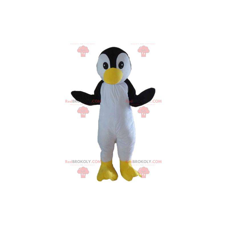 Mascotte d'oiseau noir blanc et jaune de pingouin -