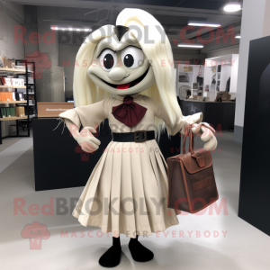 Tan Vampire mascot costume character dressed with a Pleated Skirt and Briefcases