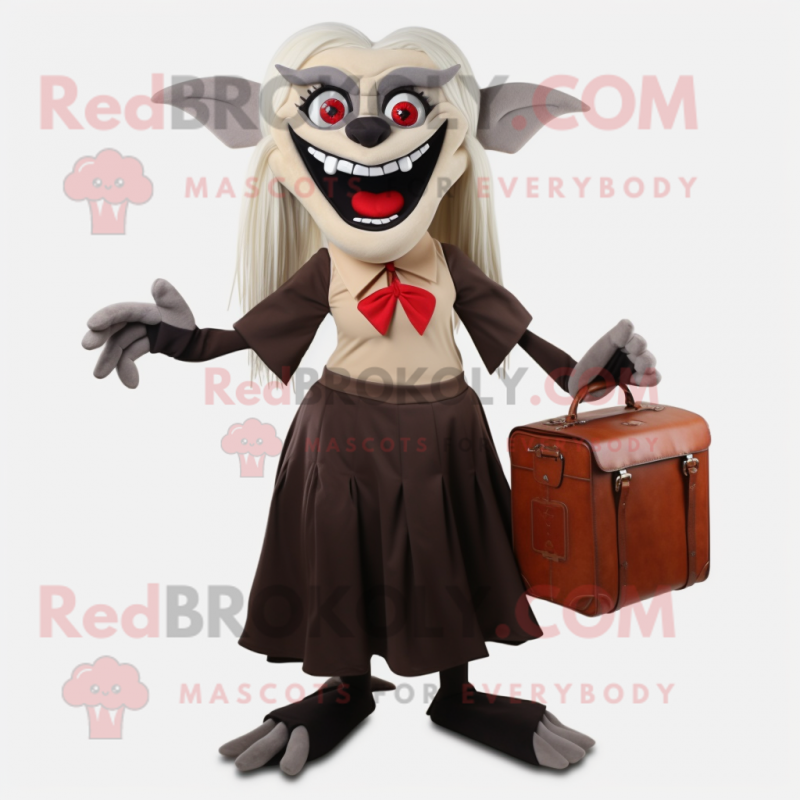 Tan Vampire mascot costume character dressed with a Pleated Skirt and Briefcases