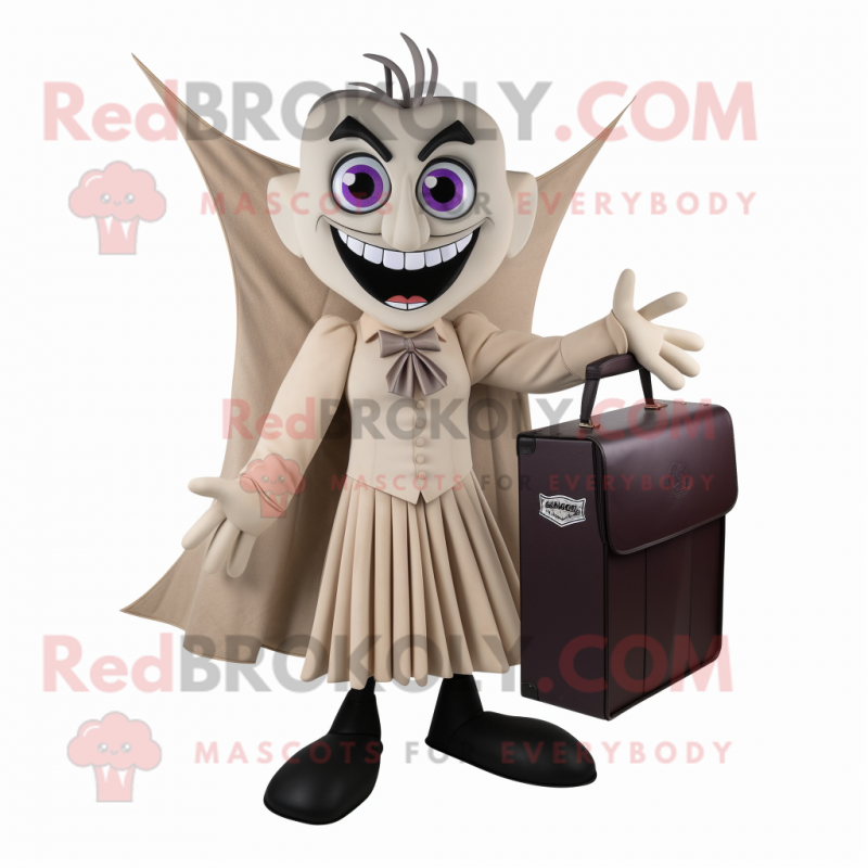 Tan Vampire mascot costume character dressed with a Pleated Skirt and Briefcases Tan Vampire mascot costume character dressed with a Pleated Skirt and Briefcases