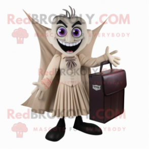 Tan Vampire mascot costume character dressed with a Pleated Skirt and Briefcases