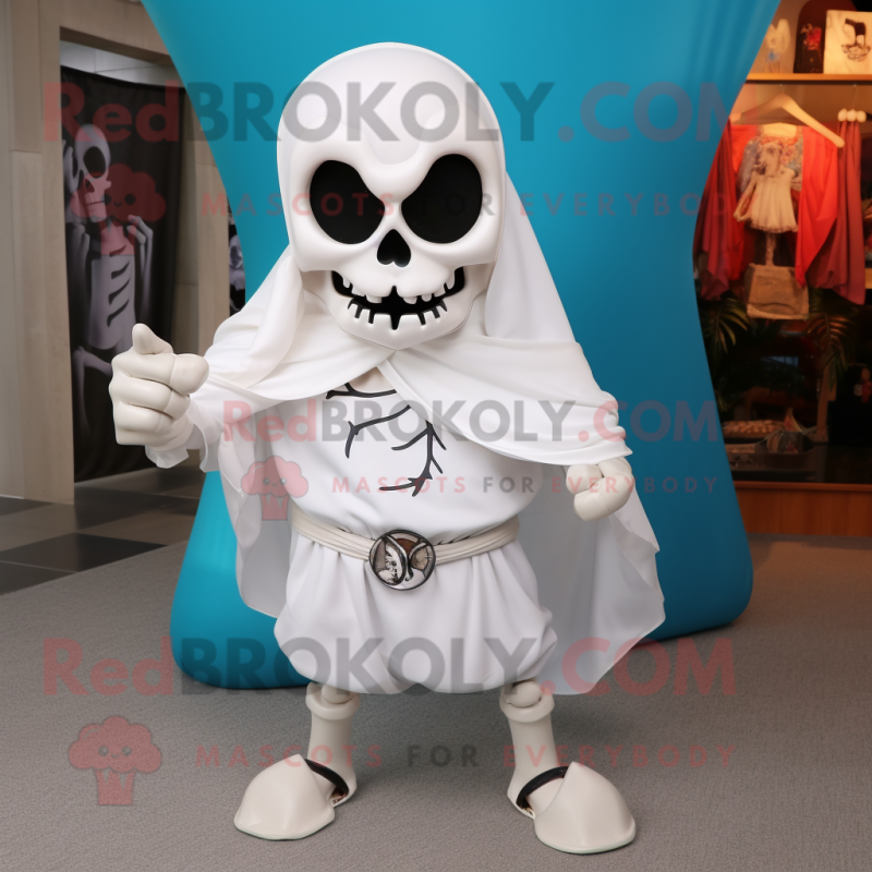 White Skull mascot costume character dressed with a Capri Pants and Wraps