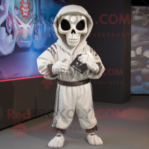 White Skull mascot costume character dressed with a Capri Pants and Wraps