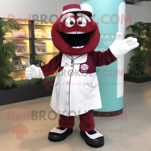 Maroon Doctor mascot costume character dressed with a Wrap Skirt and Foot pads