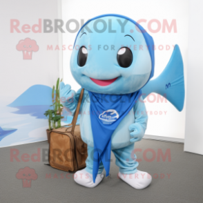 Sky Blue Stingray mascot costume character dressed with a Cargo Pants and Scarves