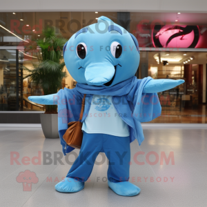 Sky Blue Stingray mascot costume character dressed with a Cargo Pants and Scarves