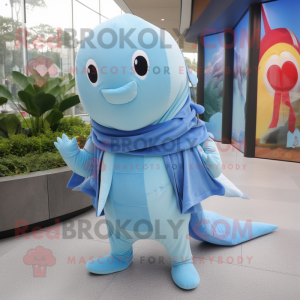 Sky Blue Stingray mascot costume character dressed with a Cargo Pants and Scarves