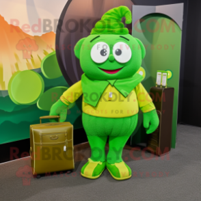 Lime Green Pot Of Gold mascot costume character dressed with a Cardigan and Handbags