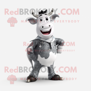 Silver Holstein Cow mascot costume character dressed with a Jeans and Cummerbunds