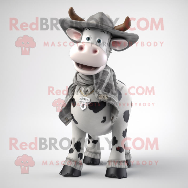 Silver Holstein Cow mascot costume character dressed with a Jeans and Cummerbunds Silver Holstein Cow mascot costume character dressed with a Jeans and Cummerbunds