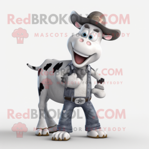 Silver Holstein Cow mascot costume character dressed with a Jeans and Cummerbunds