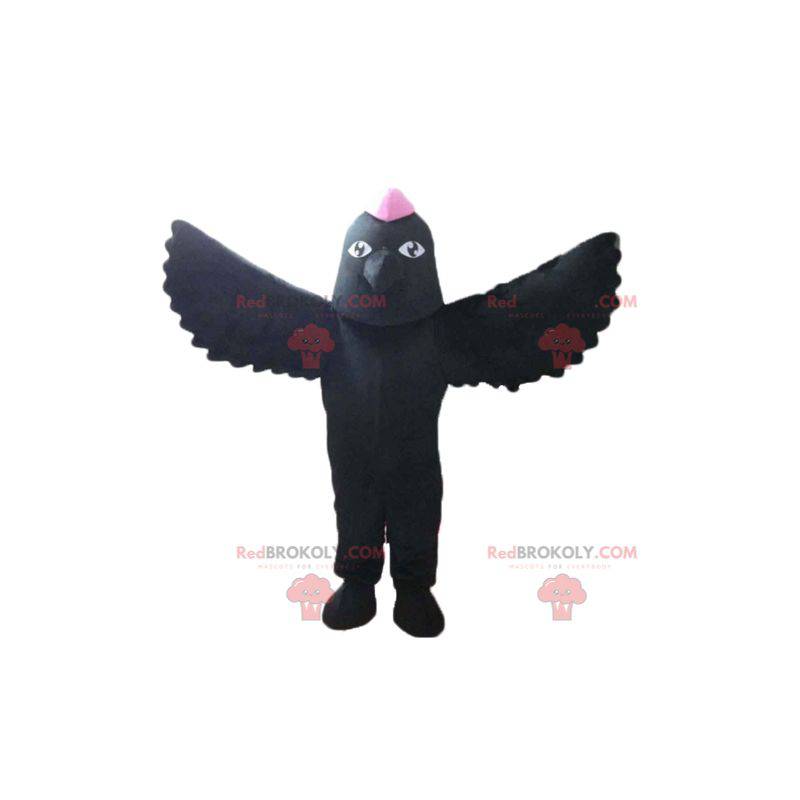 Mascote pássaro preto com uma crista rosa na cabeça -