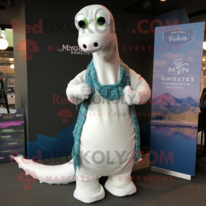 White Loch Ness Monster mascot costume character dressed with a Playsuit and Shawls