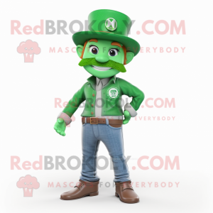 Green Leprechaun Hat mascot costume character dressed with a Boyfriend Jeans and Hats