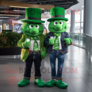 Green Leprechaun Hat mascot costume character dressed with a Boyfriend Jeans and Hats
