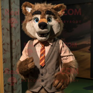 Brown Say Wolf mascot costume character dressed with a Button-Up Shirt and Bow ties