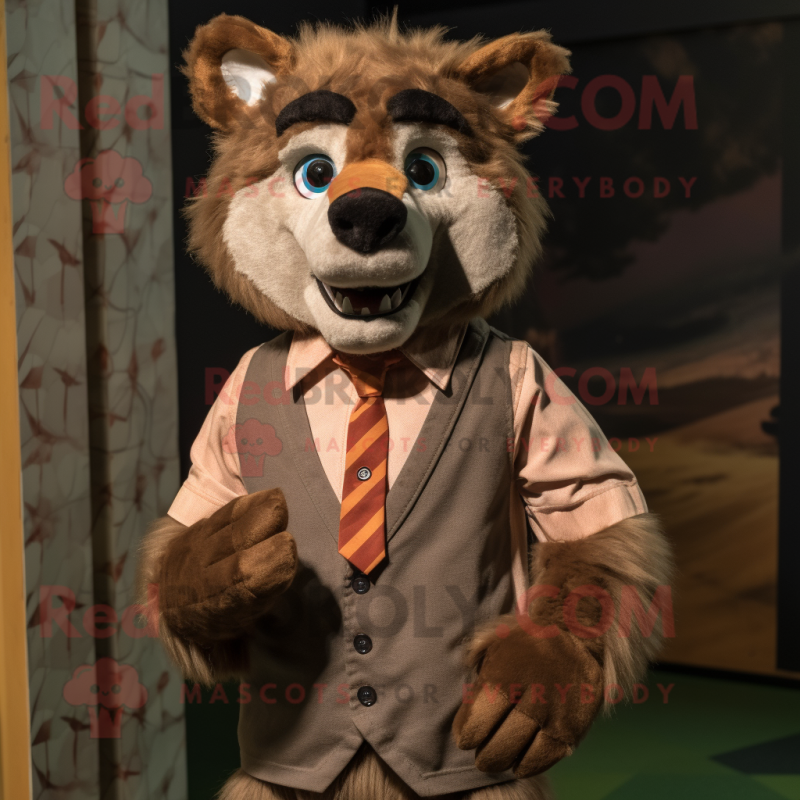 Brown Say Wolf mascot costume character dressed with a Button-Up Shirt and Bow ties Brown Say Wolf mascot costume character dressed with a Button-Up Shirt and Bow ties