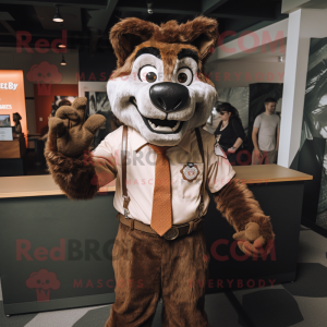 Brown Say Wolf mascot costume character dressed with a Button-Up Shirt and Bow ties