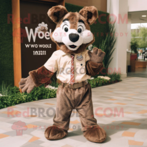 Brown Say Wolf mascot costume character dressed with a Button-Up Shirt and Bow ties