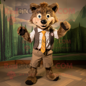 Brown Say Wolf mascot costume character dressed with a Button-Up Shirt and Bow ties