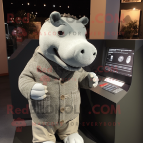 Silver Hippopotamus mascot costume character dressed with a Cardigan and Earrings