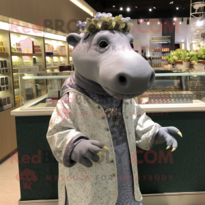 Silver Hippopotamus mascot costume character dressed with a Cardigan and Earrings