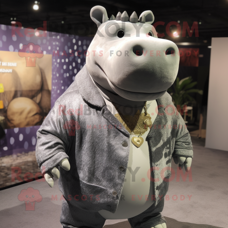 Silver Hippopotamus mascot costume character dressed with a Cardigan and Earrings