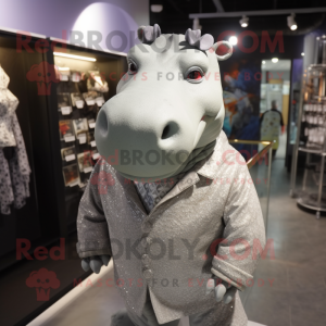 Silver Hippopotamus mascot costume character dressed with a Cardigan and Earrings