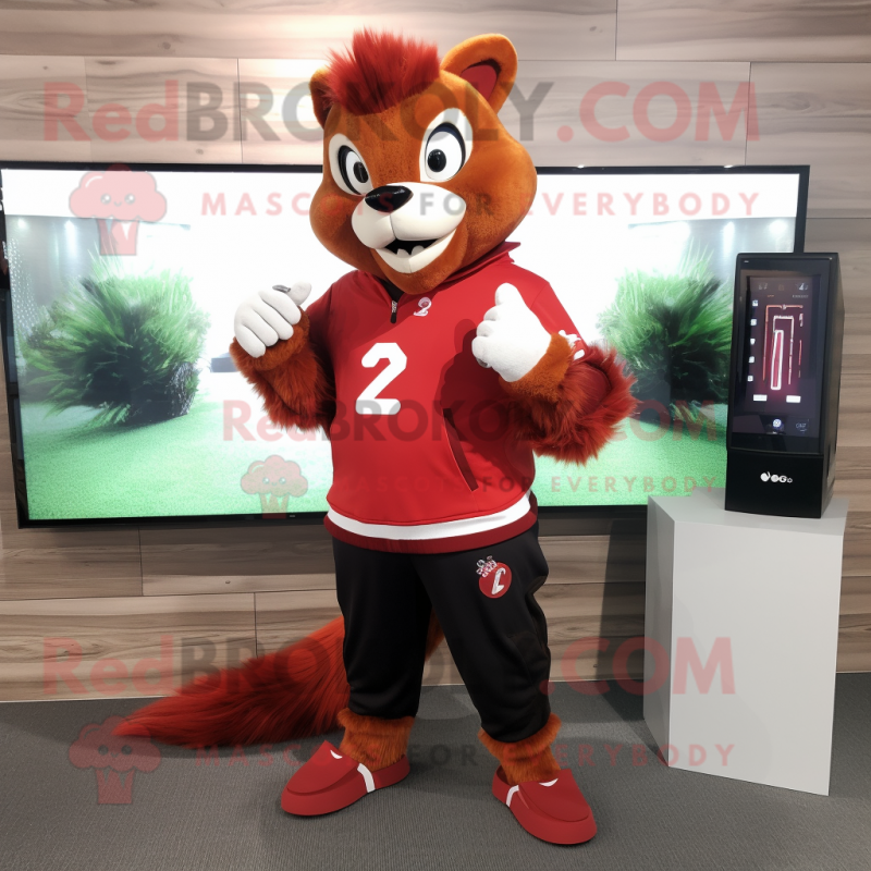 Red Skunk mascot costume character dressed with a Long Sleeve Tee and Digital watches