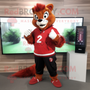 Red Skunk mascot costume character dressed with a Long Sleeve Tee and Digital watches