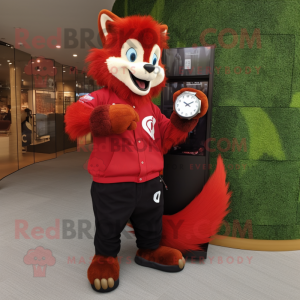 Red Skunk mascot costume character dressed with a Long Sleeve Tee and Digital watches