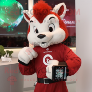 Red Skunk mascot costume character dressed with a Long Sleeve Tee and Digital watches