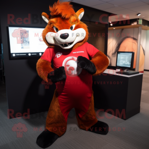 Red Skunk mascot costume character dressed with a Long Sleeve Tee and Digital watches