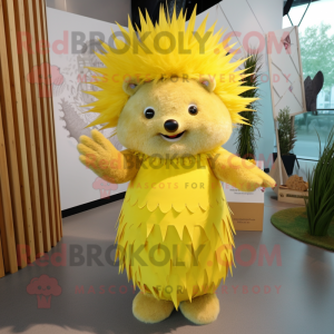 Lemon Yellow Porcupine mascot costume character dressed with a Empire Waist Dress and Headbands