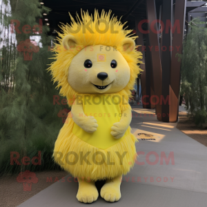 Lemon Yellow Porcupine mascot costume character dressed with a Empire Waist Dress and Headbands